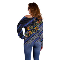 Indonesian Batik Motifs Pattern Floral Art Dark Blue Off Shoulder Sweater