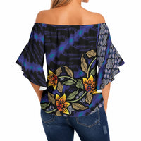 Indonesian Batik Motifs Pattern Floral Art Dark Blue Off Shoulder Wrap Waist Top