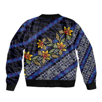 Indonesian Batik Motifs Pattern Floral Art Dark Blue Sleeve Zip Bomber Jacket
