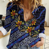 Indonesian Batik Motifs Pattern Floral Art Dark Blue Women Casual Shirt