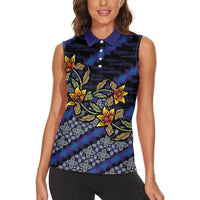 Indonesian Batik Motifs Pattern Floral Art Dark Blue Women Sleeveless Polo Shirt