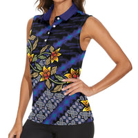 Indonesian Batik Motifs Pattern Floral Art Dark Blue Women Sleeveless Polo Shirt