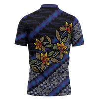 Indonesian Batik Motifs Pattern Floral Art Dark Blue Zipper Polo Shirt
