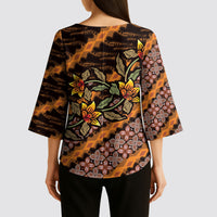 Indonesian Batik Motifs Pattern Floral Art Orange Kimono Sleeve Blouse