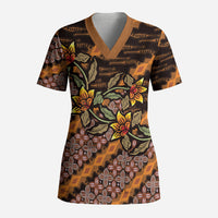 Indonesian Batik Motifs Pattern Floral Art Orange Scrub Top