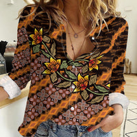 Indonesian Batik Motifs Pattern Floral Art Orange Women Casual Shirt
