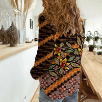 Indonesian Batik Motifs Pattern Floral Art Orange Women Casual Shirt