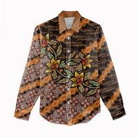 Indonesian Batik Motifs Pattern Floral Art Orange Women Casual Shirt