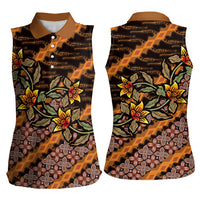 Indonesian Batik Motifs Pattern Floral Art Orange Women Sleeveless Polo Shirt