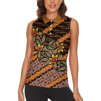 Indonesian Batik Motifs Pattern Floral Art Orange Women Sleeveless Polo Shirt