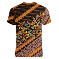 Indonesian Batik Motifs Pattern Floral Art Orange Women V-Neck T-Shirt