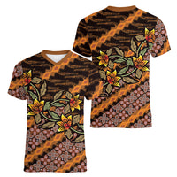 Indonesian Batik Motifs Pattern Floral Art Orange Women V-Neck T-Shirt