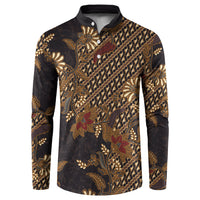 Indonesian Parang Batik Button Sweatshirt Brown Gold Floral Pattern