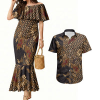 Indonesian Parang Batik Couples Matching Mermaid Dress and Hawaiian Shirt Brown Gold Floral Pattern