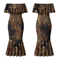 Indonesian Parang Batik Couples Matching Mermaid Dress and Hawaiian Shirt Brown Gold Floral Pattern