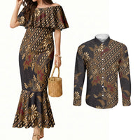 Indonesian Parang Batik Couples Matching Mermaid Dress and Long Sleeve Button Shirt Brown Gold Floral Pattern