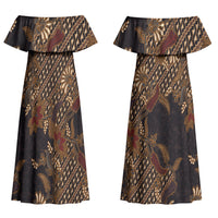 Indonesian Parang Batik Couples Matching Off Shoulder Maxi Dress and Hawaiian Shirt Brown Gold Floral Pattern