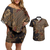 Indonesian Parang Batik Couples Matching Off Shoulder Short Dress and Hawaiian Shirt Brown Gold Floral Pattern