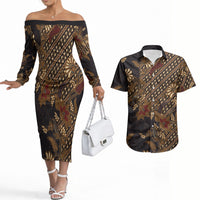 Indonesian Parang Batik Couples Matching Off The Shoulder Long Sleeve Dress and Hawaiian Shirt Brown Gold Floral Pattern