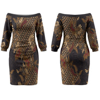 Indonesian Parang Batik Couples Matching Off The Shoulder Long Sleeve Dress and Hawaiian Shirt Brown Gold Floral Pattern