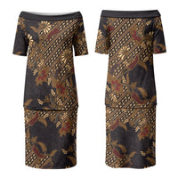 Indonesian Parang Batik Couples Matching Puletasi and Long Sleeve Button Shirt Brown Gold Floral Pattern