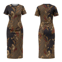 Indonesian Parang Batik Couples Matching Short Sleeve Bodycon Dress and Hawaiian Shirt Brown Gold Floral Pattern
