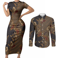 Indonesian Parang Batik Couples Matching Short Sleeve Bodycon Dress and Long Sleeve Button Shirt Brown Gold Floral Pattern