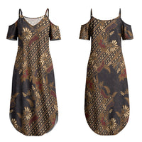 Indonesian Parang Batik Couples Matching Summer Maxi Dress and Hawaiian Shirt Brown Gold Floral Pattern
