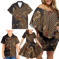 Indonesian Parang Batik Family Matching Off Shoulder Short Dress and Hawaiian Shirt Brown Gold Floral Pattern