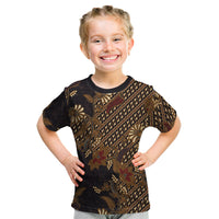 Indonesian Parang Batik Kid T Shirt Brown Gold Floral Pattern