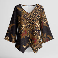 Indonesian Parang Batik Kimono Sleeve Blouse Brown Gold Floral Pattern