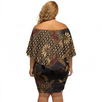 Indonesian Parang Batik Off Shoulder Short Dress Brown Gold Floral Pattern