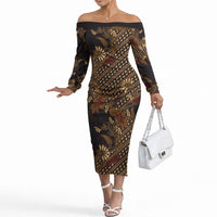Indonesian Parang Batik Off The Shoulder Long Sleeve Dress Brown Gold Floral Pattern