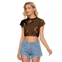 Indonesian Parang Batik Raglan Cropped T Shirt Brown Gold Floral Pattern