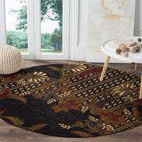 Indonesian Parang Batik Round Carpet Brown Gold Floral Pattern