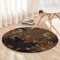 Indonesian Parang Batik Round Carpet Brown Gold Floral Pattern