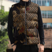 Indonesian Parang Batik Sleeveless Puffer Jacket Brown Gold Floral Pattern