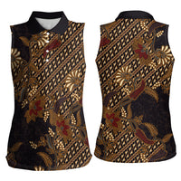 Indonesian Parang Batik Women Sleeveless Polo Shirt Brown Gold Floral Pattern