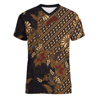 Indonesian Parang Batik Women V-Neck T-Shirt Brown Gold Floral Pattern