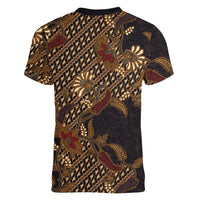 Indonesian Parang Batik Women V-Neck T-Shirt Brown Gold Floral Pattern