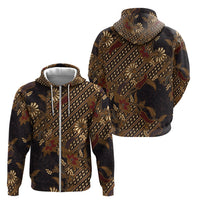 Indonesian Parang Batik Zip Hoodie Brown Gold Floral Pattern