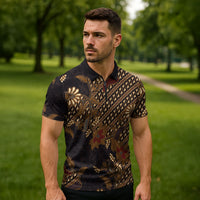 Indonesian Parang Batik Zipper Polo Shirt Brown Gold Floral Pattern