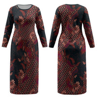 Indonesian Parang Batik Couples Matching Long Sleeve Bodycon Dress and Hawaiian Shirt Red Floral Pattern