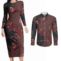 Indonesian Parang Batik Couples Matching Long Sleeve Bodycon Dress and Long Sleeve Button Shirt Red Floral Pattern