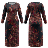 Indonesian Parang Batik Couples Matching Long Sleeve Bodycon Dress and Long Sleeve Button Shirt Red Floral Pattern