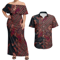 Indonesian Parang Batik Couples Matching Off Shoulder Maxi Dress and Hawaiian Shirt Red Floral Pattern