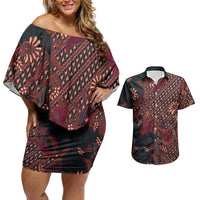 Indonesian Parang Batik Couples Matching Off Shoulder Short Dress and Hawaiian Shirt Red Floral Pattern