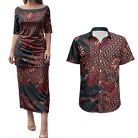 Indonesian Parang Batik Couples Matching Puletasi and Hawaiian Shirt Red Floral Pattern