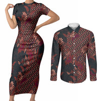 Indonesian Parang Batik Couples Matching Short Sleeve Bodycon Dress and Long Sleeve Button Shirt Red Floral Pattern