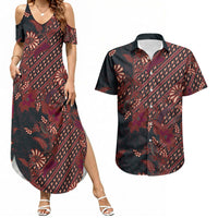 Indonesian Parang Batik Couples Matching Summer Maxi Dress and Hawaiian Shirt Red Floral Pattern